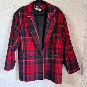 Vintage Plaid Wool Blazer Red Black Tartan Jacket 90s Academia Preppy Adolfo